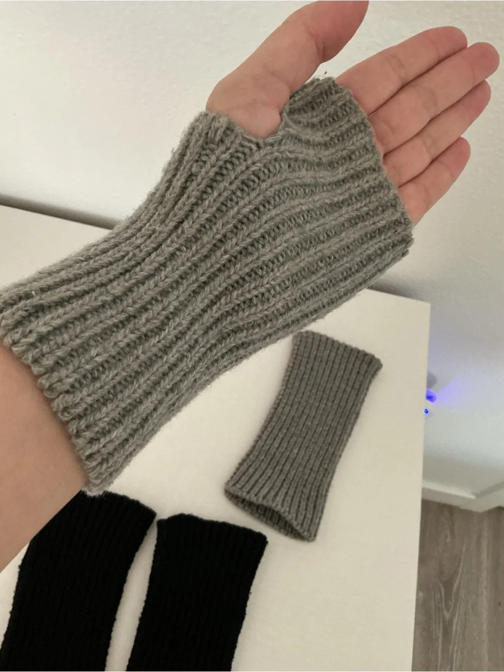 Cozy Ribbed Knit Fingerless Gloves with Thumb Holes - Set of 2 (Black & Grey)
